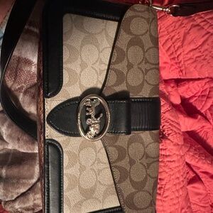 Coach Brown and Black Monogram Shoulder Bag with Leather Trim